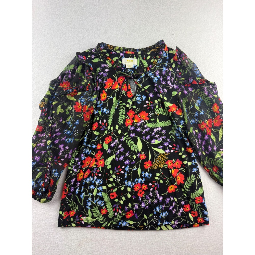 Maeve Anthropologie Floral Ruffle Long Sleeve Top‎ Black Multi XS Sheer Metallic